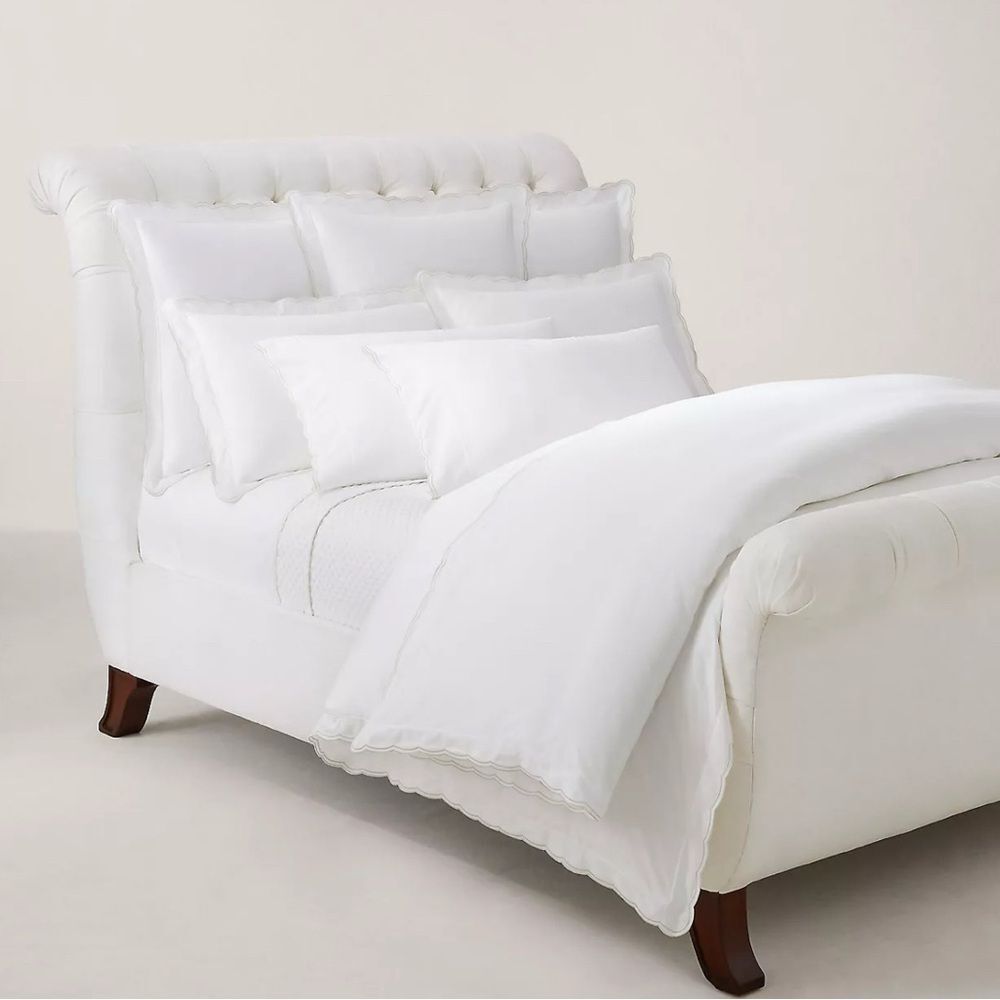 Ralph Lauren Malin Scallop Sateen Flat Sheet in White-Silver Trim, Queen NWT